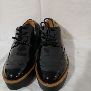 Madden Girl Glossy Black Oxfords with Tan Sole